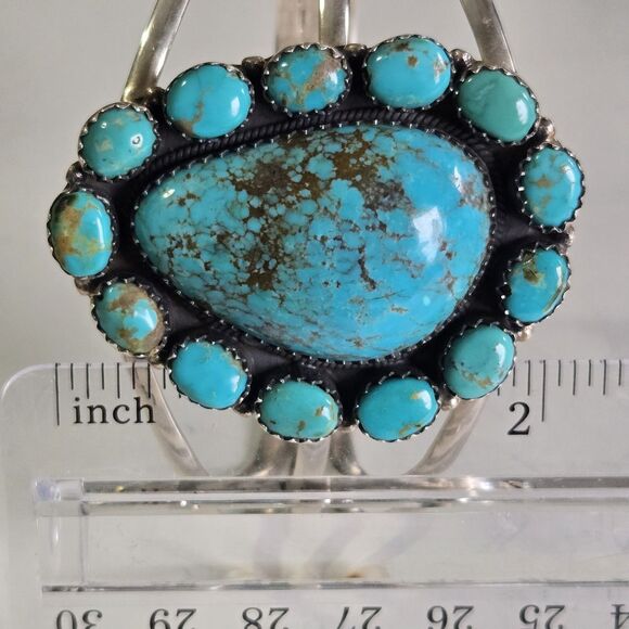 Vintage Navajo Sterling Turquoise Cluster Cuff Bracelet 48g Large 7.5" Stamped - Picture 12 of 13